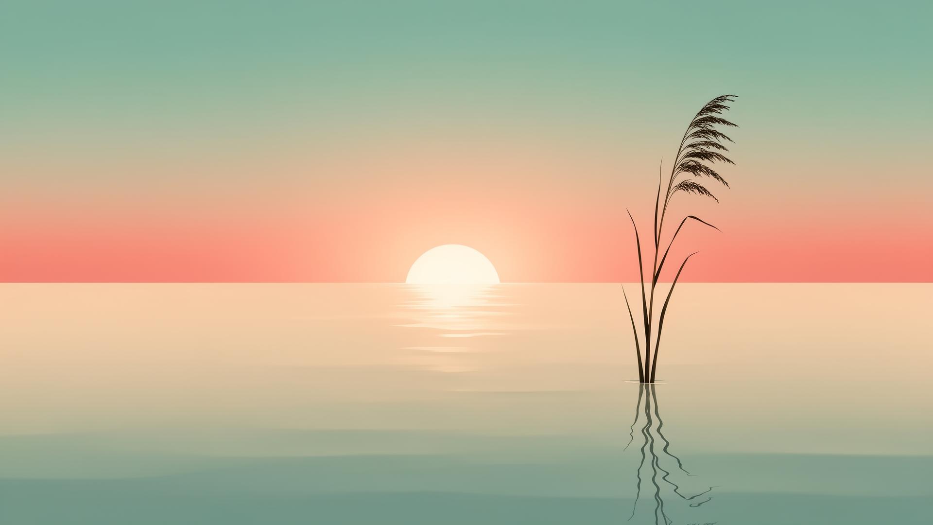 Calm dawn light over still water with a single resilient reed